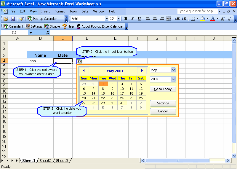 Pop-up Excel Calendar screen shot